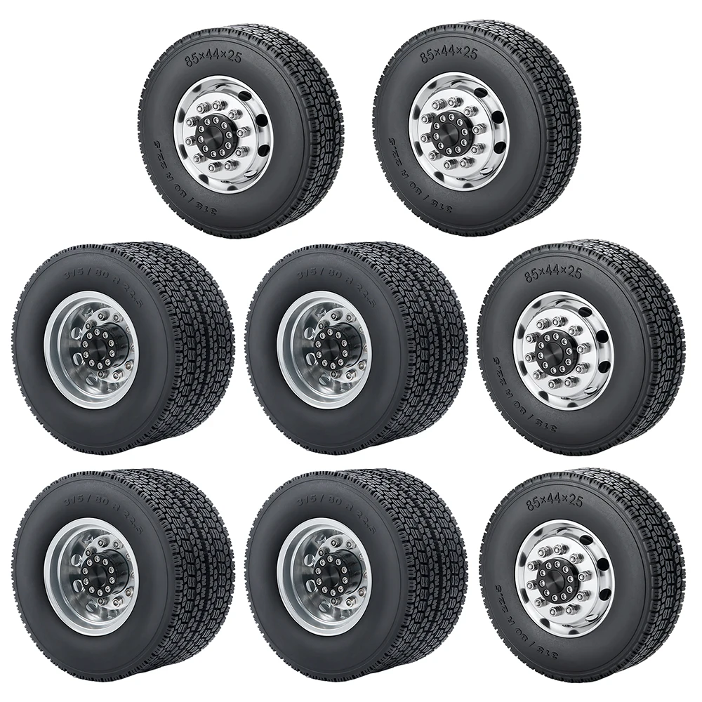 TRINOOD 8x8 Wheel Tires Complete Set Front & Rear Wheels for 1/14 Tamiya Truck RC Tractor Trailer Engineering Long Vehicle Parts