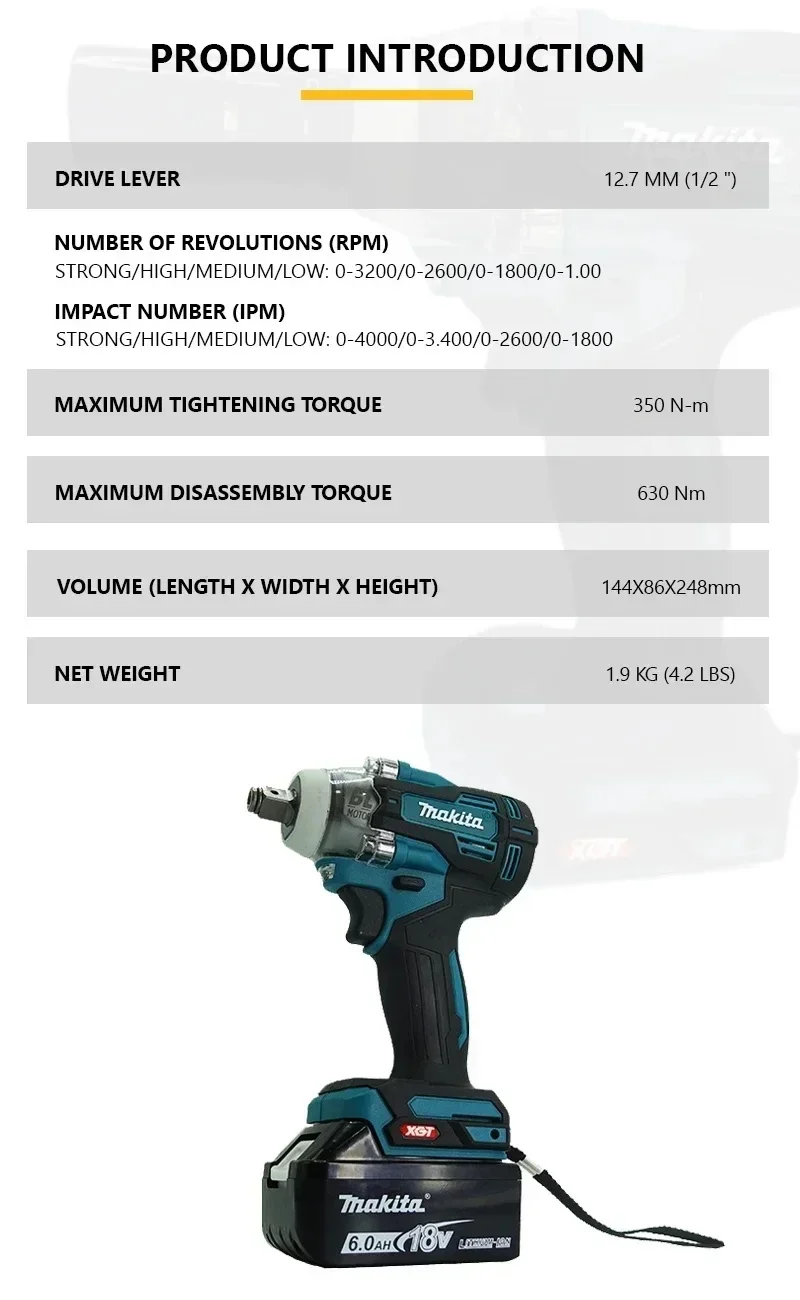 Makita Brushless Charging Electric Wrench Large Torque Impact Wind Gun Auto Repair Tire Woodworking Electric Tool Tw004g