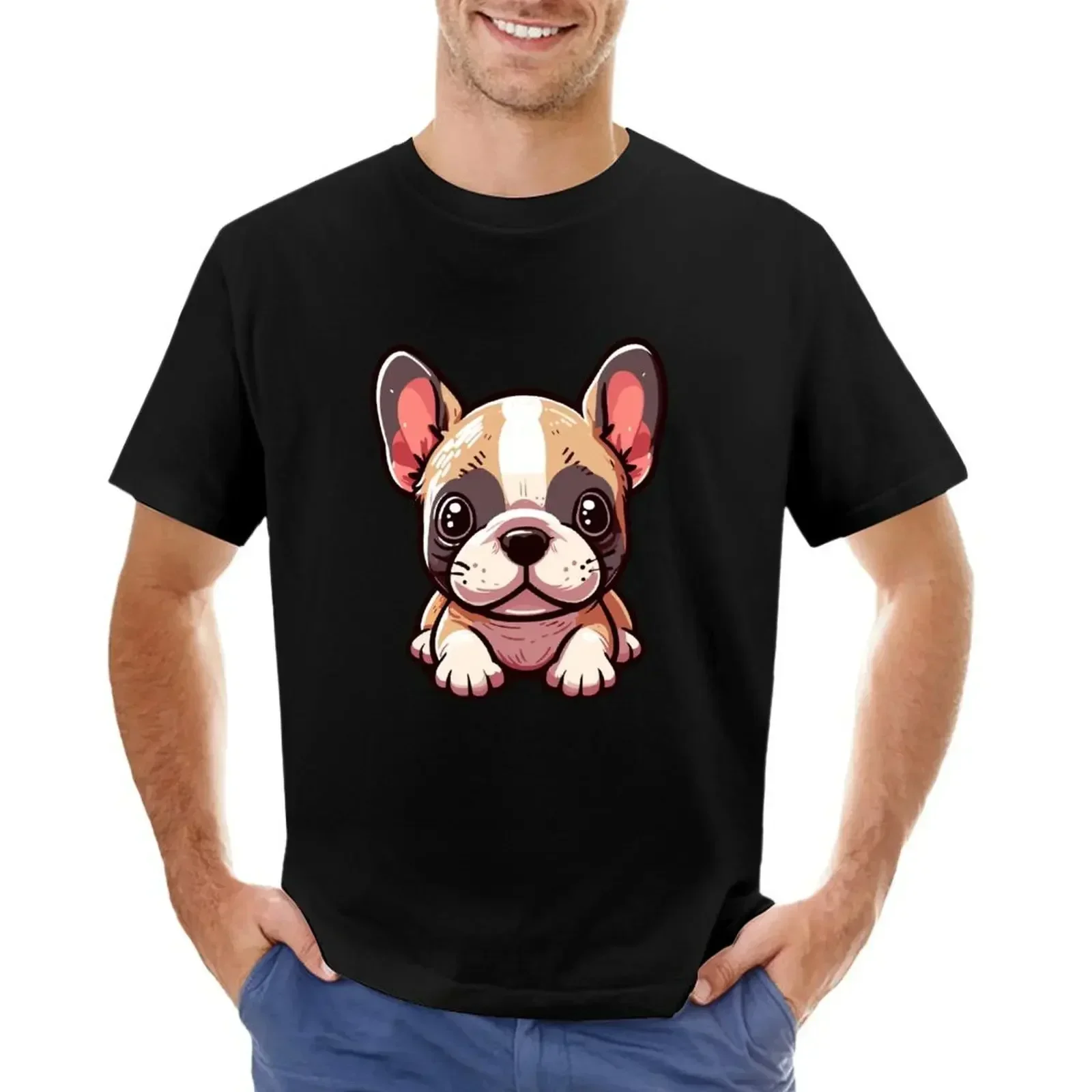 Cute little french bulldog T-shirt Blouse Round Neck mens plain t shirts manga vintage anime clothes harajuku men's t-shirts2024