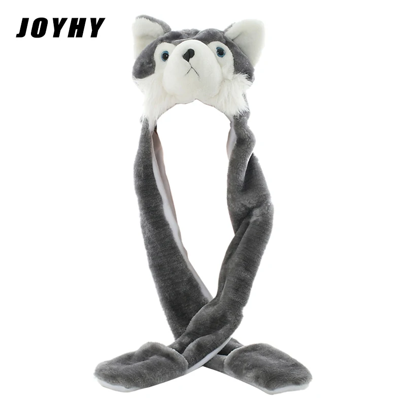 JOYHY Kid's Cute Plush Gray Wolf Animal Hats with Paws Gloves Women Teenagers Girls Boys Winter Halloween Christmas Beanie Caps