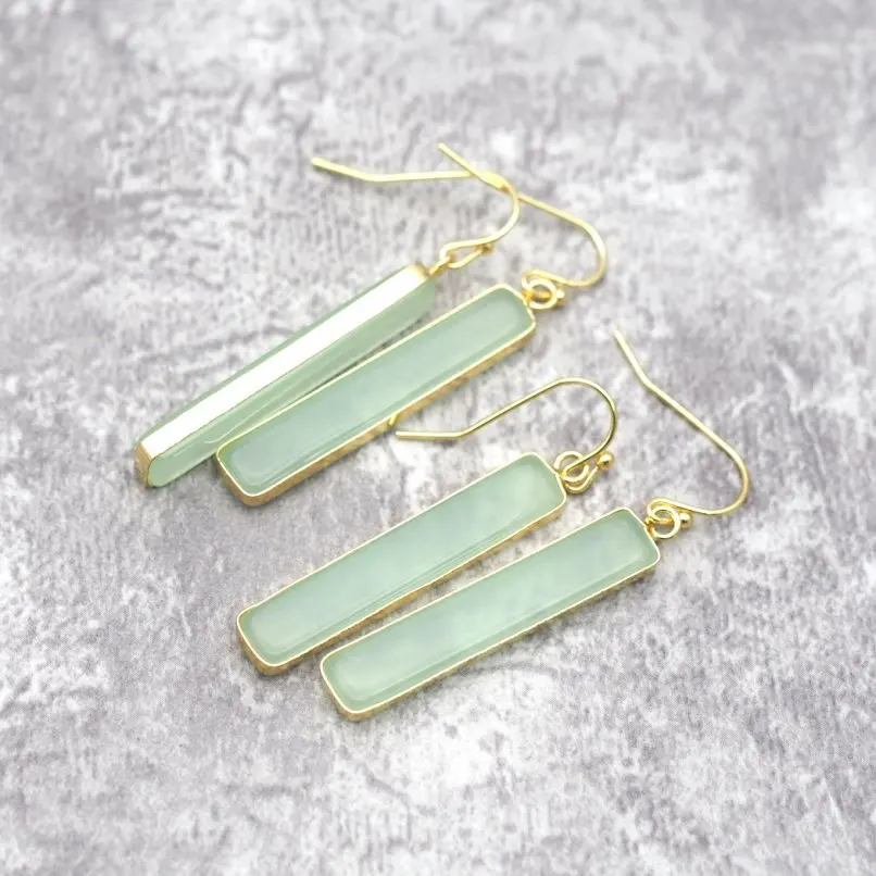 

Minimalist Jewelry Rectangle Pendant Earrings Sea Green Chalcedony Gemstone Gold Color Bezel Drop Dangle Earrings for Women