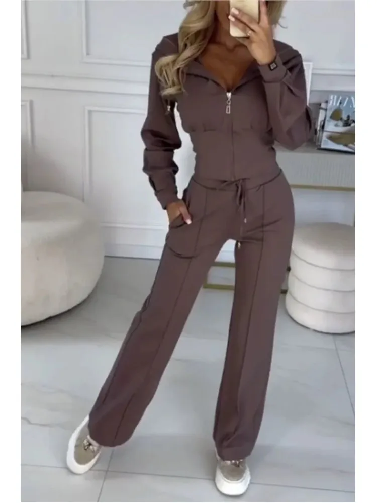 Autumn And Winter Hooded Zipper Jacket Tight Solid Color Two-piece Sets Women Fashion Casual New Wide Leg Pants 2 Piece Set