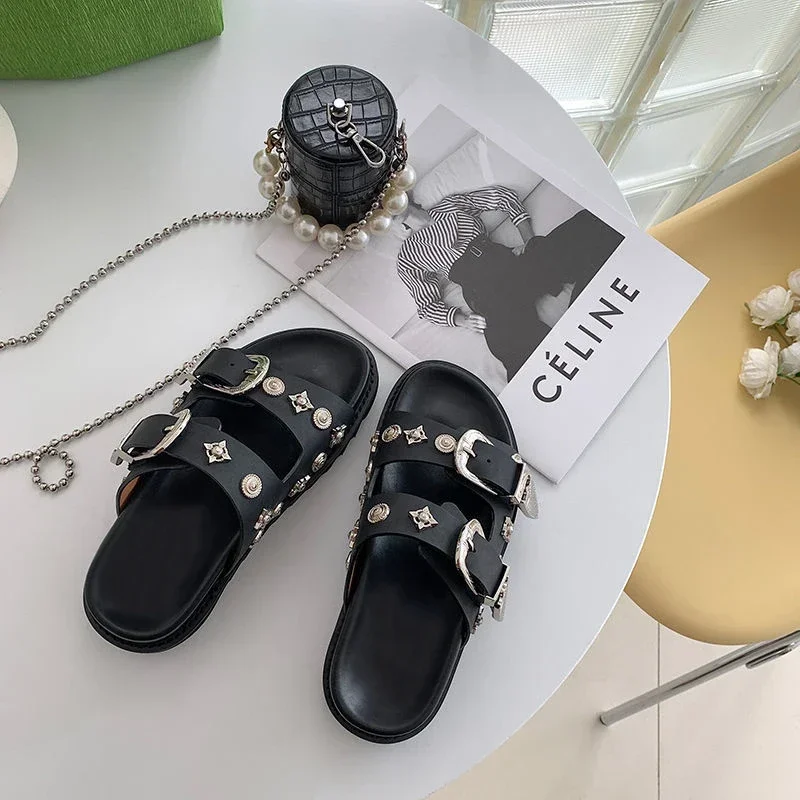 Maogu Street Punk Metal Rivet Sandals Mules Flip Flops Summer Slides Shoes Designer Slipper Black 2024 Fashion Women Slippers 42