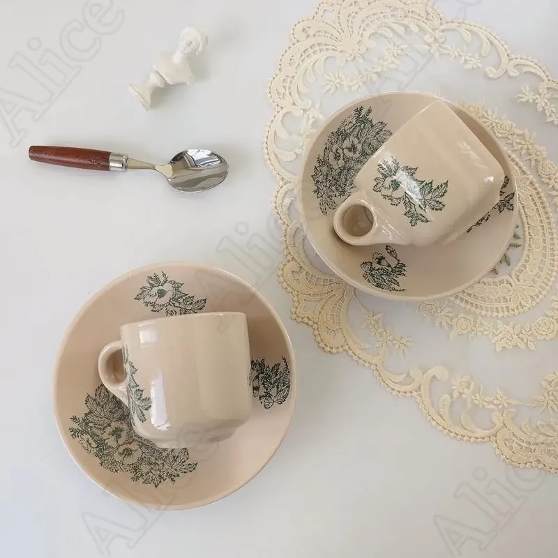 Retro Print Ceramic Coffee Cup Saucer Set Nordic Afternoon Tea Dessert Cups Green Mugs Office Household Drinking Utensils