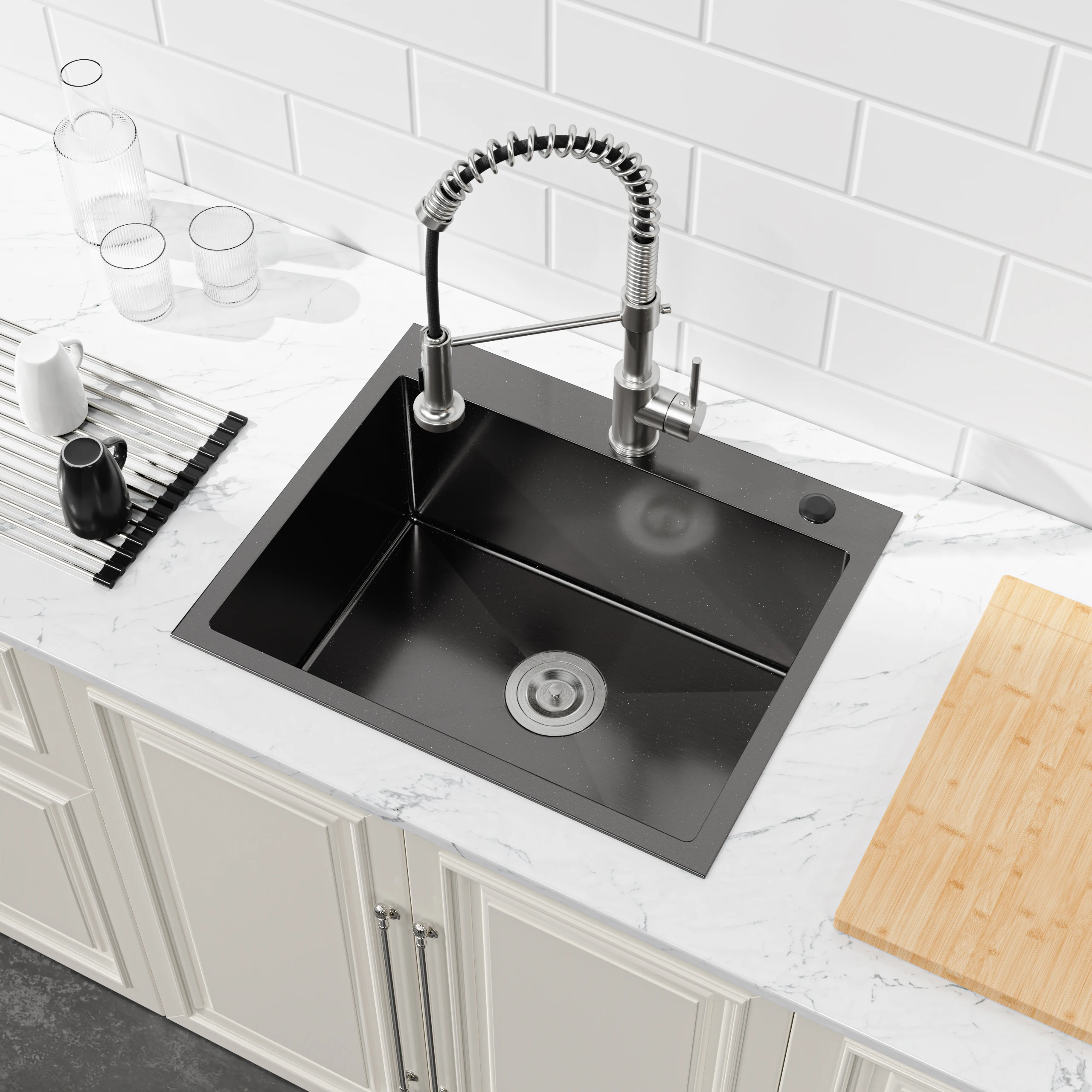 

Stainless Steel Kitchen Sink, 23″x19″ Single Bowl, Overmount Handmade Sink in Black, with US Standard Drain and Hook,Kitchenware