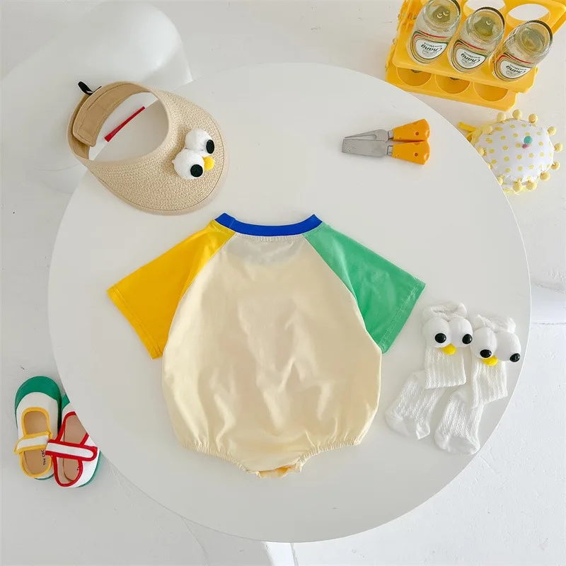 Korean Style of Loose and Trendy Baby Summer Bodysuit for 0-2 Years Old Cartoon French Fries Jumpsuit Socks Sunscreen Hat K243