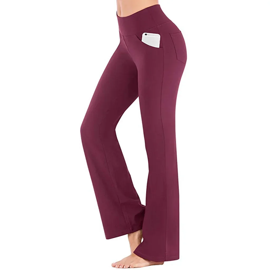 Women Solid Color Casual Yoga Pants High Waist Full Length Flare Pants Trousers Elastic