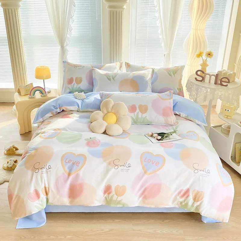 

100% Cotton Cartoon Tulip Duvet Cover Set Love and Letter Printed Bedding for Girl Kid Flower Theme Quilt Cover(2 Pillowcases)