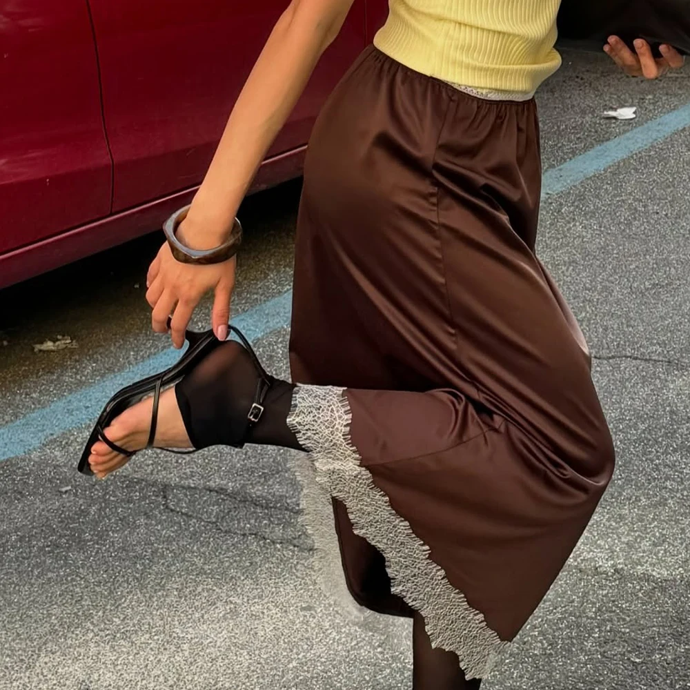 

Women Spring Autumn Vintage Aesthetic Satin Long Skirts Patchwork Lace Trim Low Elastic Waist Casual Flowy Skirts 90s Streetwear