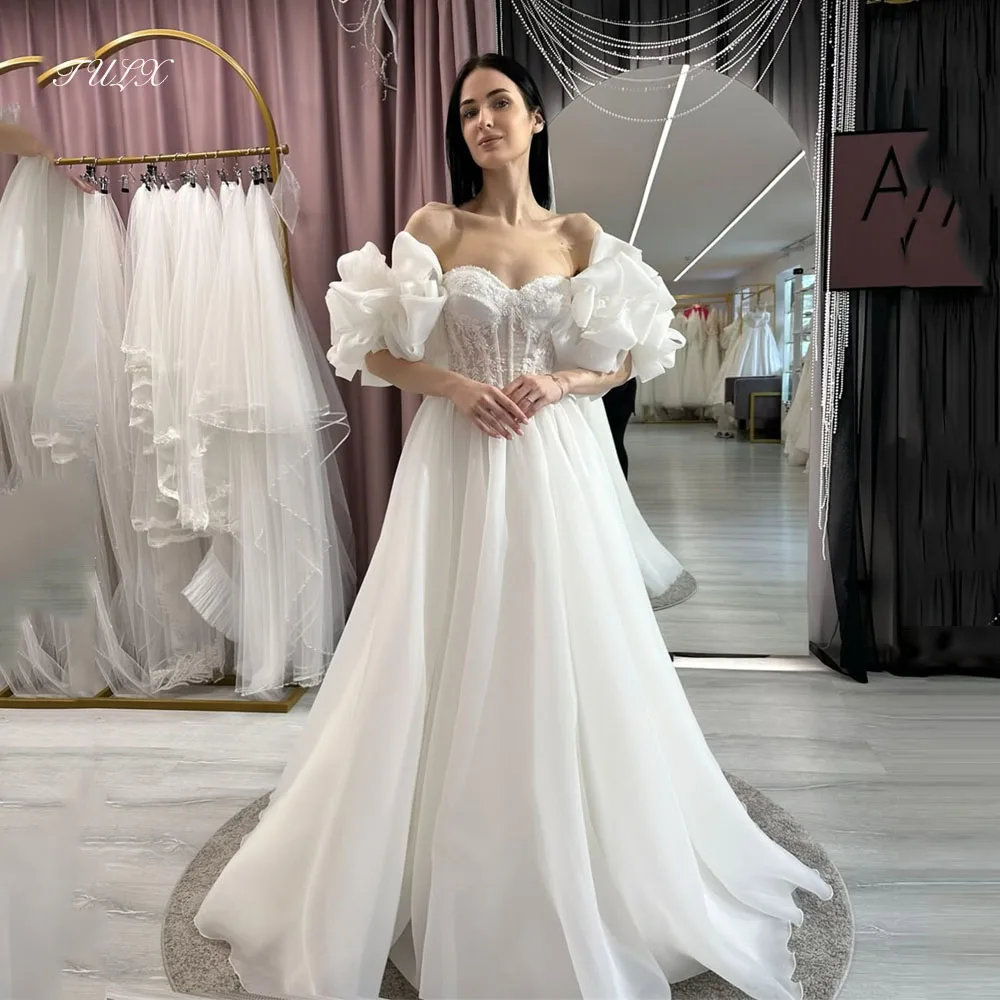 TULX 럭셔리 아이보리 오간자 퍼프 슬리브 웨딩 드레스 섹시한 스위트하트 레이스 브라이덜 가운 A라인 롱 로브 드 마리에 맞춤 제작