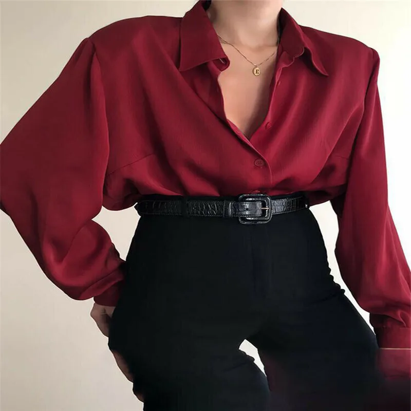 OL Shirt Baggy Tops Red/Wine Red /Black Women Button Blouses Casual Blouse Loose Turn Down Collar Shirts Office Lady Long Sleeve