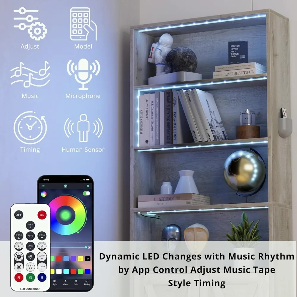 خزانة كتب بطول 70 بوصة على الطراز الصناعي مع أضواء LED، وأرفف عرض تخزين مكونة من 6 أرفف مع أبواب، ورف كتب من الأرض إلى السقف f #4