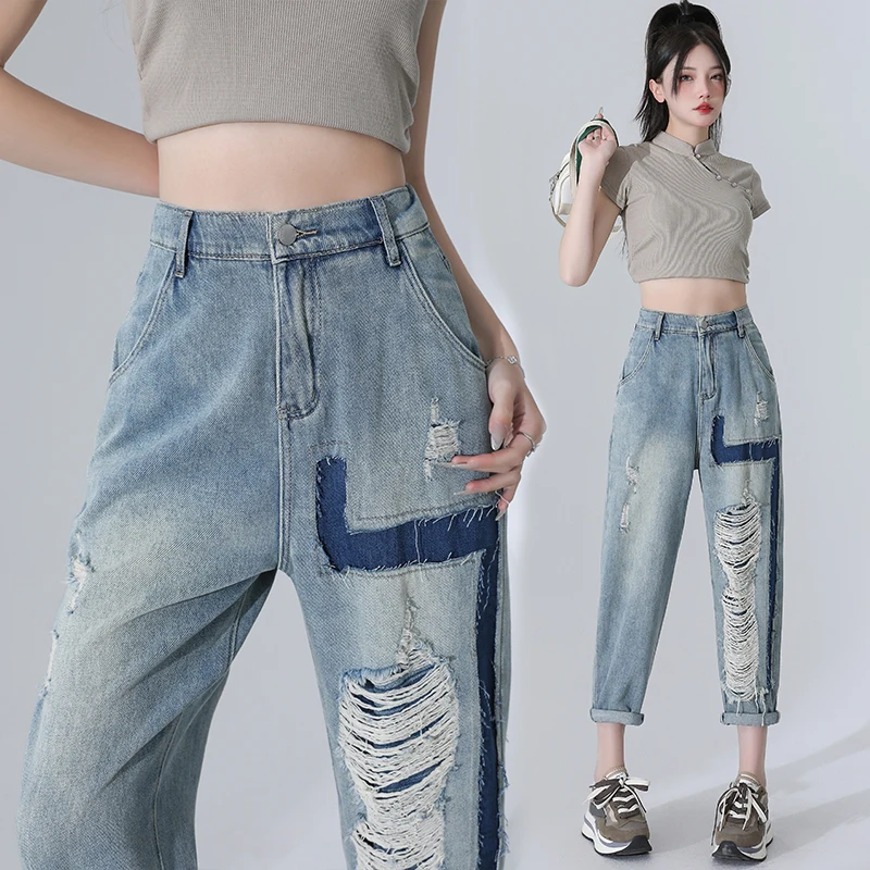 

2024 New Arrival Summer Women Cotton Denim Hole Design Ankle-length Pants Button Fly Waist Loose Fit Harem Pants Jeans V34