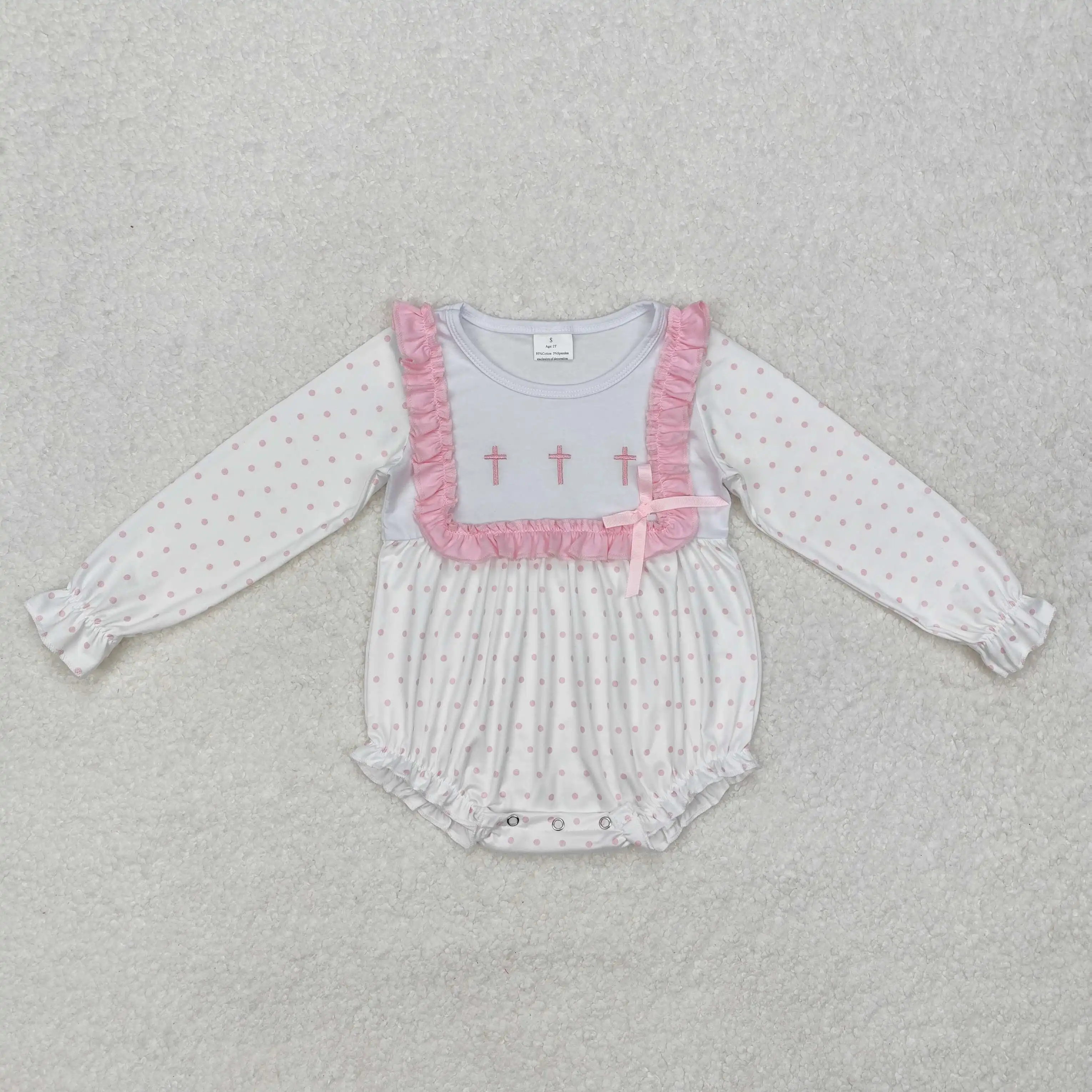 

New rts baby toddler girls Easter romper wholesale boutique embroidery cross polka dot design long sleeve girls rompers