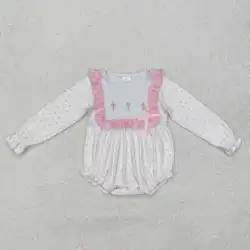 New rts baby toddler girls Easter romper wholesale boutique embroidery cross polka dot design long sleeve girls rompers