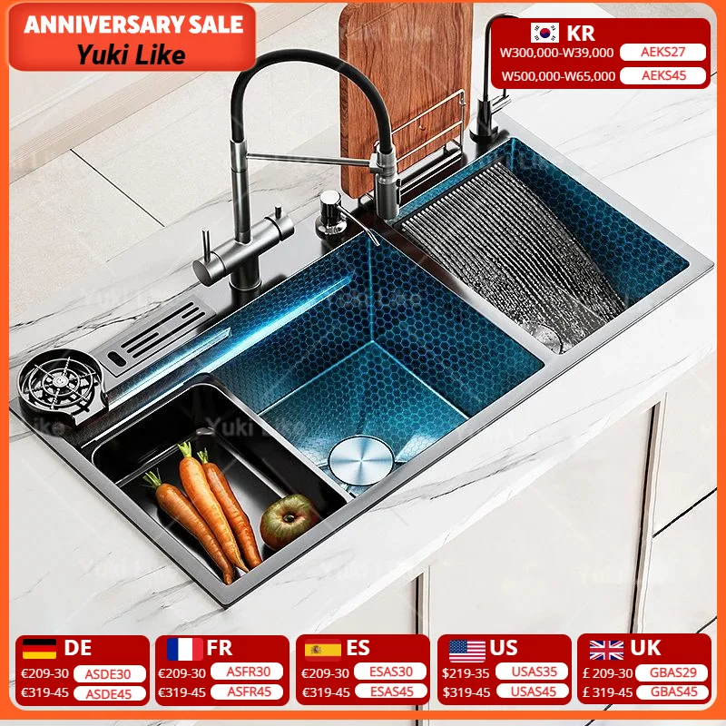 

Stainless Steel Kitchen Sink Large Double Slot Waterfall Outlet Convenient for Dish and Vegetable Washbasin
