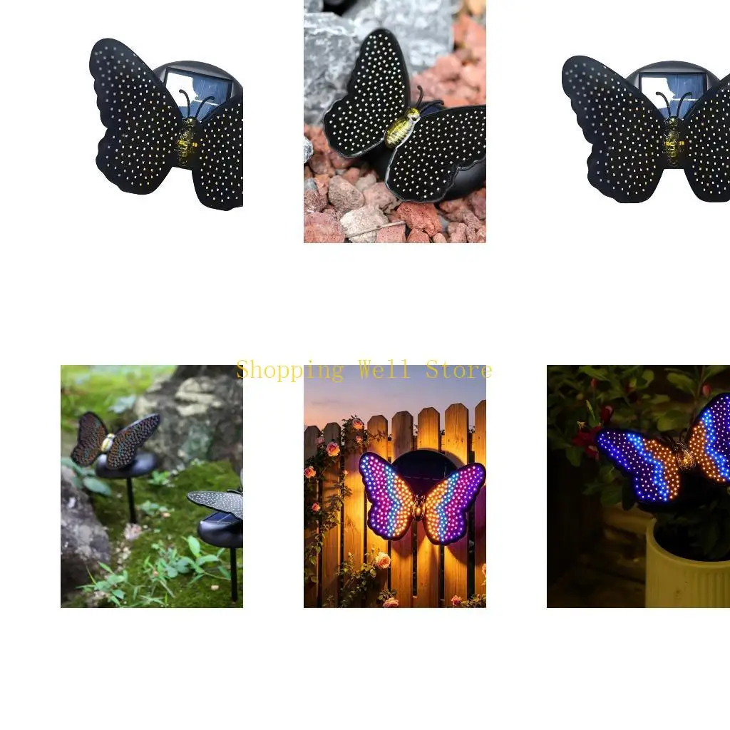KX4B ABS Butterfly Wall Light with Solar Charging, LED Accent Center, Perforated Detail, Butterfly Profile, for Fence Entryway