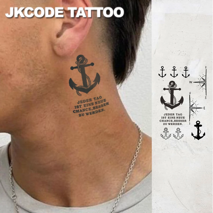 Herbal tattoo with a nautical theme in a cool style - sketch tattoo with a ship hook and compass pattern - casual design for men and women, suitable for hands, neck, and head - long-lasting and waterproof for 15 days