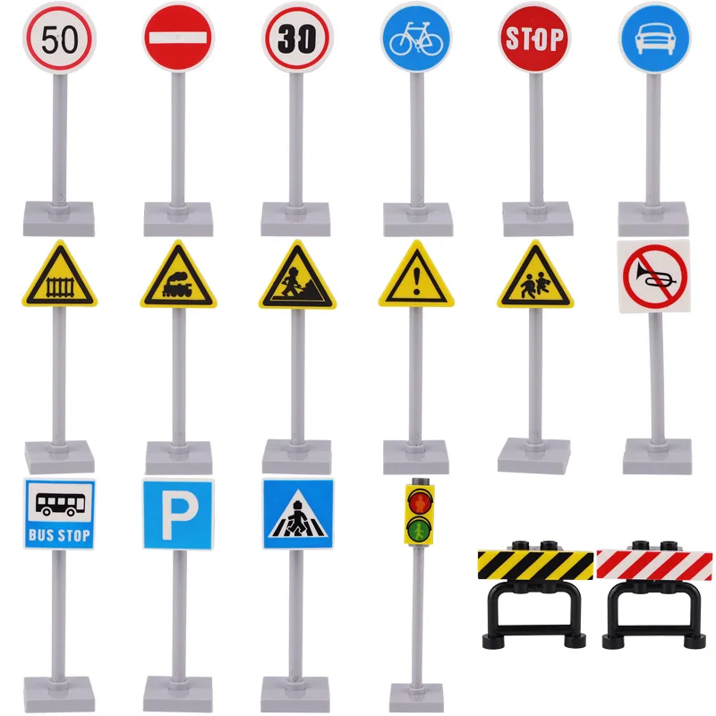 

City Road Traffic Signs Blocks Toys Street Traffic Building Blocks Classic City Road Sign Warning Board MOC Bricks Toy Parts