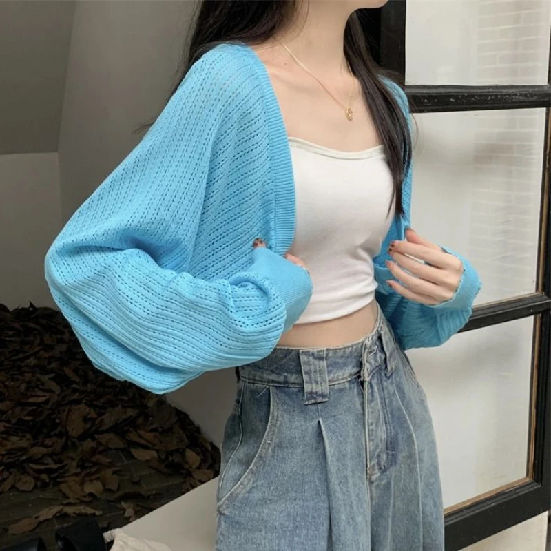 Summer Knitted Cardigans Women Hollow Out Tender Korean Style Ladies Simple Crop Fashion Clothing Vintage All-match Loose Design