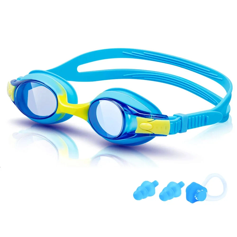 Professional children color matching swimming goggles set with nose plugs and ear plugs, colorful boys and girls swimming goggle