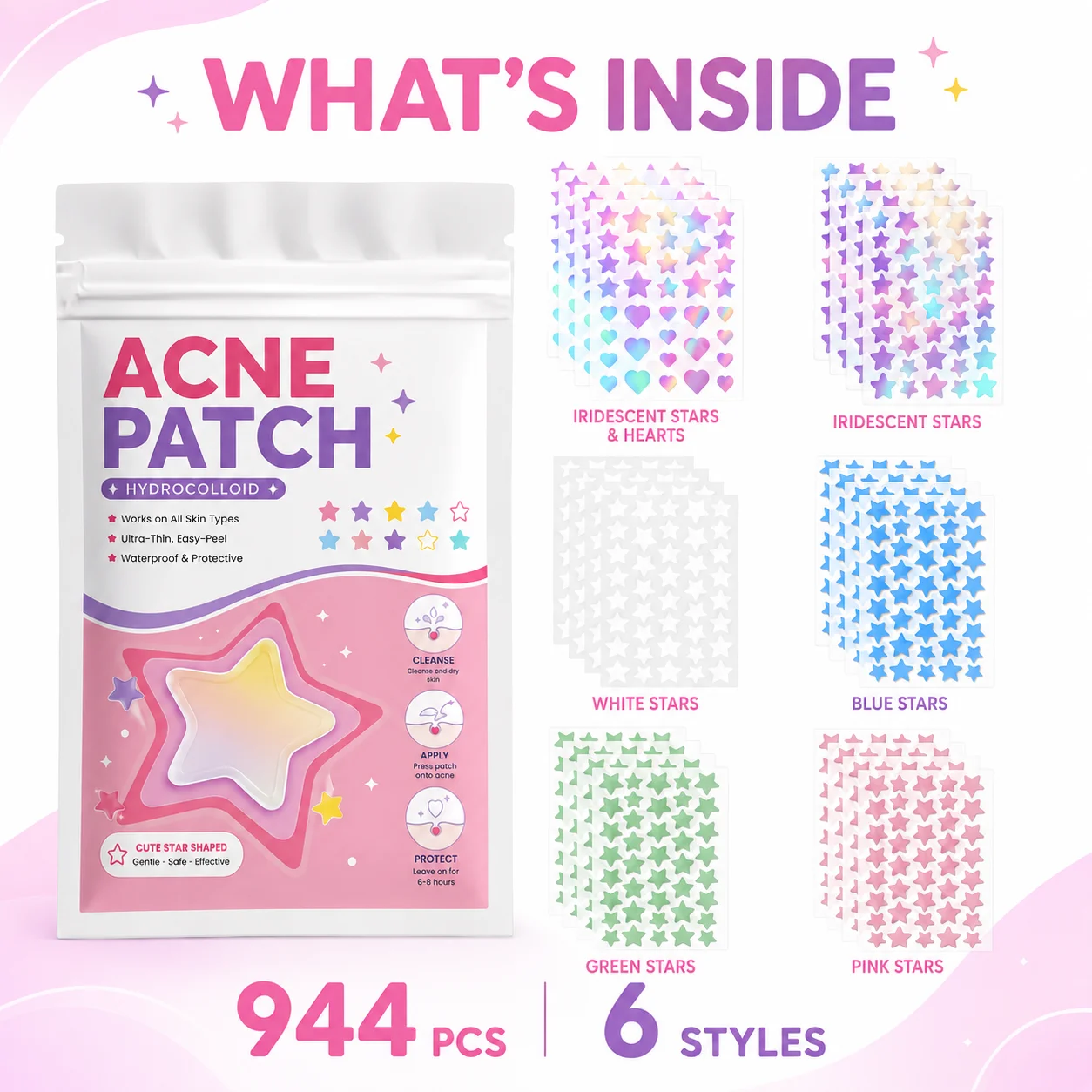 Hydrocolloid Pimple Patch - 944 قطعة من لصقات النجوم الملونة