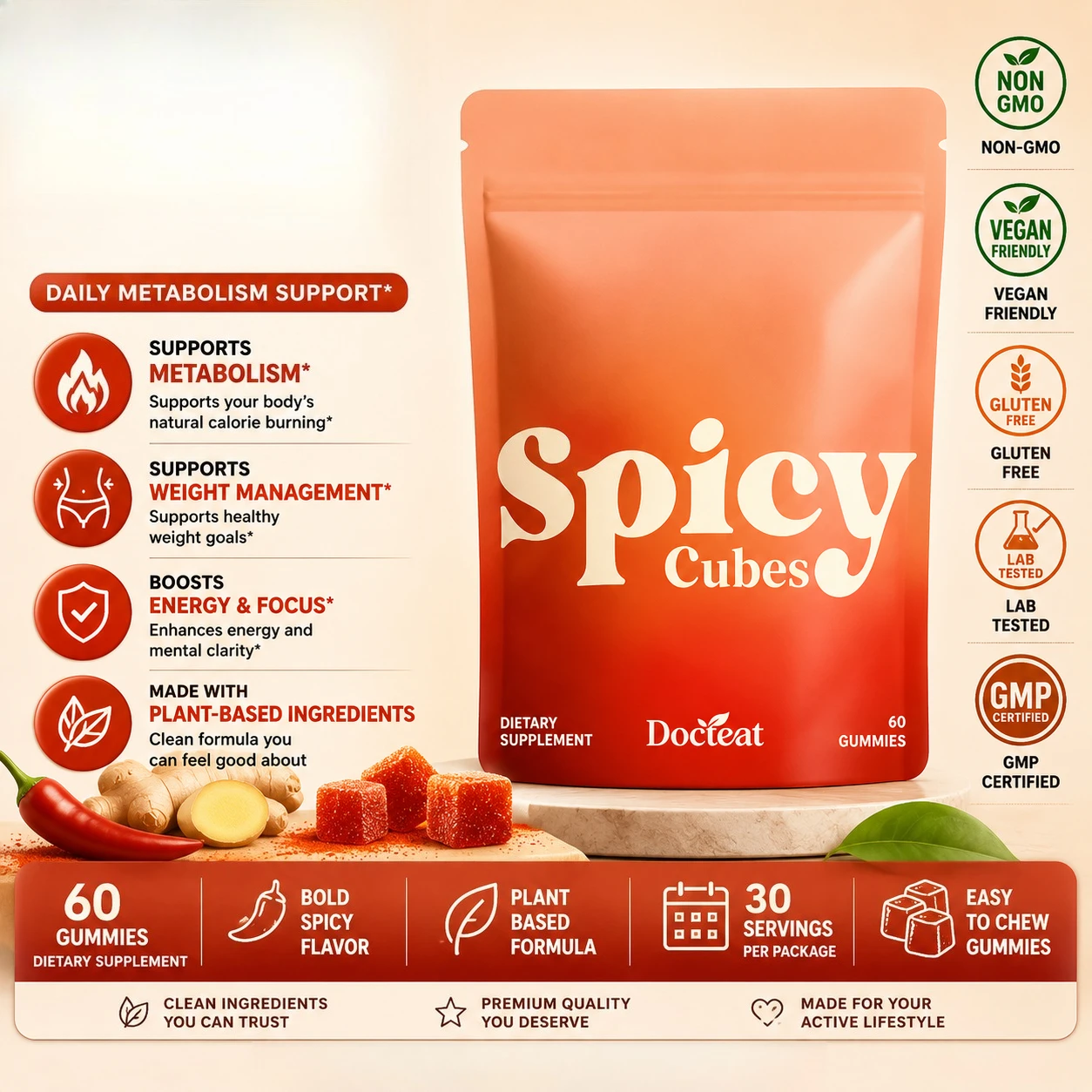 

Plant Based Botanical Gummies with Maca Muira Puama Epimedium Ginger Spicy Peach Flavor Vegan Daily Support Epimedium Extract