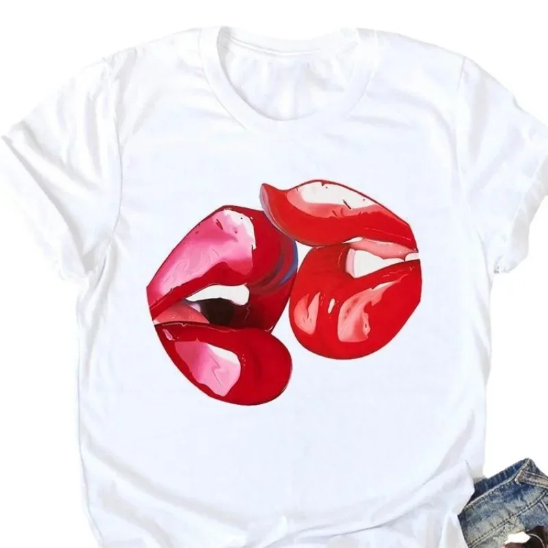 Sexy Colorful Lips Trend Crew-neck Basic Women's Casual Short-sleeved T-shirt Aesthetic Clothes  Harajuku  Graphic T Shirts