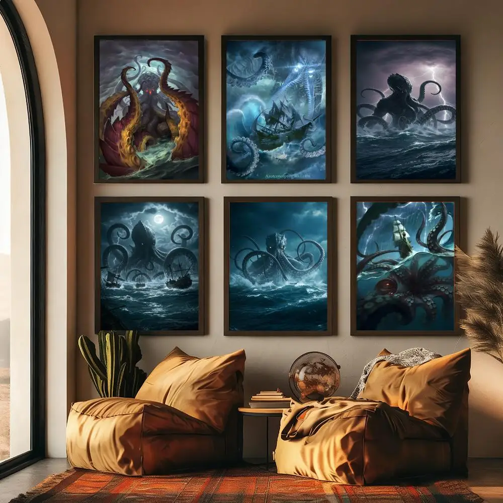 Kraken of Norse mythology Painting Calligraphy High-Quality Cotton Canvas Poster Wall Art for Living Room Modern House Decor