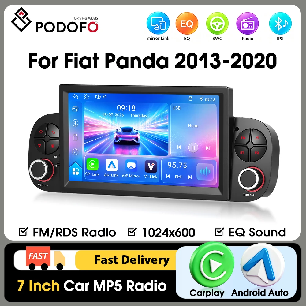 Podofo 7-Zoll-HD-Touchscreen-Autoradio, MP5-Player, kabelloses Apple CarPlay, Bluetooth, FM-Radio, Rückfahrkameraeingang, Multimedia-Player für Fiat Panda 2013–2020.