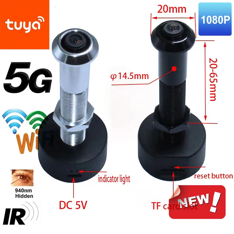 14,5 mm Średnica 2 MP Wifi Kamera do drzwi IR 5G 2.4G TUYA Szerokokątny wizjer do drzwi antywłamaniowych WiFi Bezprzewodowa kamera Cat-eye P2P RTSP