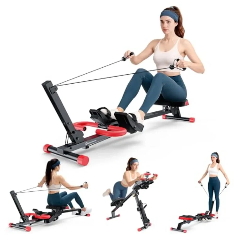 Home gym ab machine: foldable 4-in-1 rowing machine with steel frame, black finish, full-body workout LCD monitor