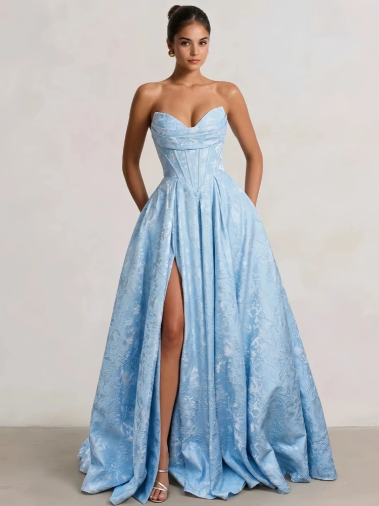 

2026 New Elegant Strapless Sweetheart Jacquard Evening Gown Corset Waist High Slit Long Prom Dress Lace Up Back Formal Gala
