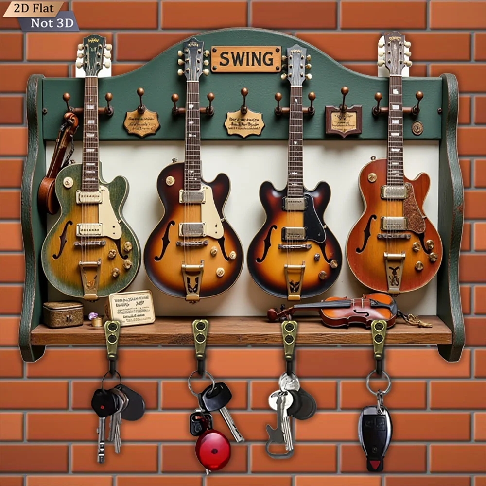 2D Flat, 1pc, Guitar-Shaped Key Hook, Wooden Multifunctional Home Key Hook with Four Metal Hooks, Wall Decoration, Porch
