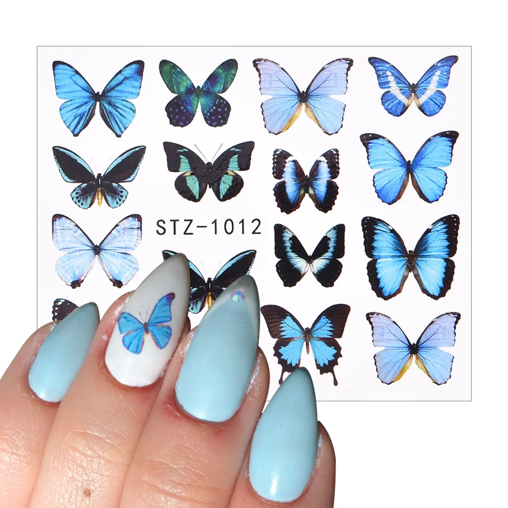 Pegatinas de flores de mariposa de acuarela azul 3D, tatuajes, envolturas deslizantes, manicura, tema de verano, decoración de Arte de uñas, venta