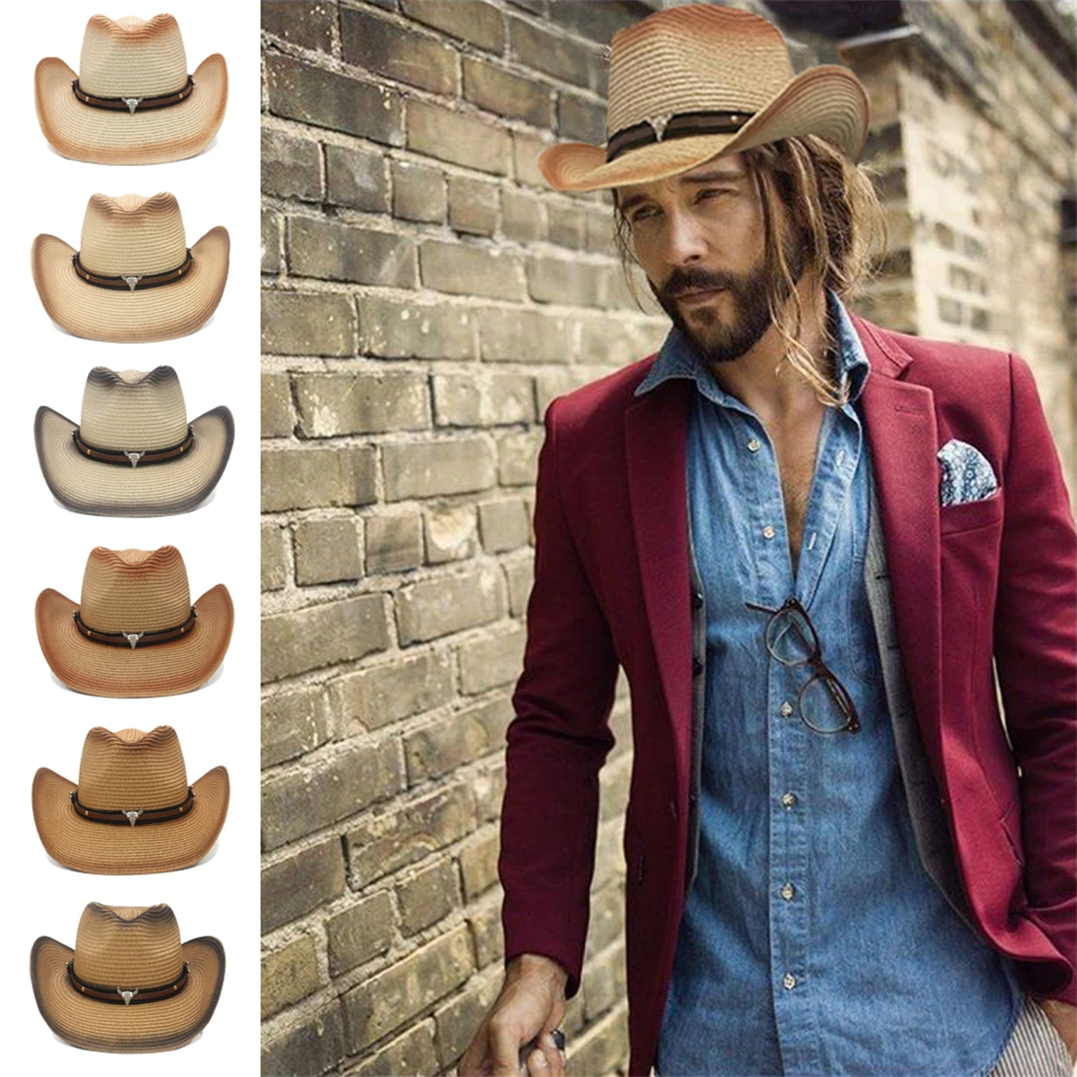 Spring and summer men and women the same style straw hat western cowboy hat sun straw hat riding straw hat wide brim jazz hat