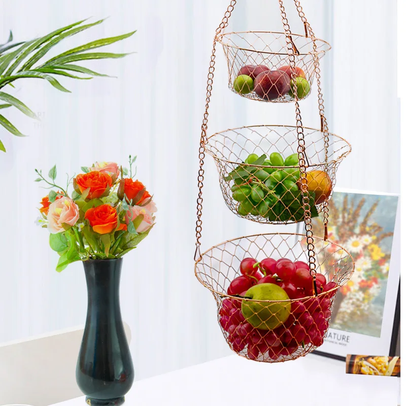 3Tier Flower Basket Iron Wire Hanging Vegetable Storage Fruit Organizer Basket Kitchen Supplies Fruit Basket Fruit Organizer