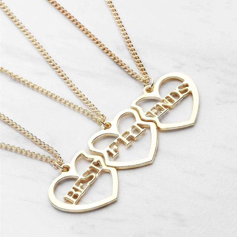 3 PCS BEST FRIENDS Heart Matching Necklace Set Gold Color BFF Necklaces Friendship Jewelry Gifts