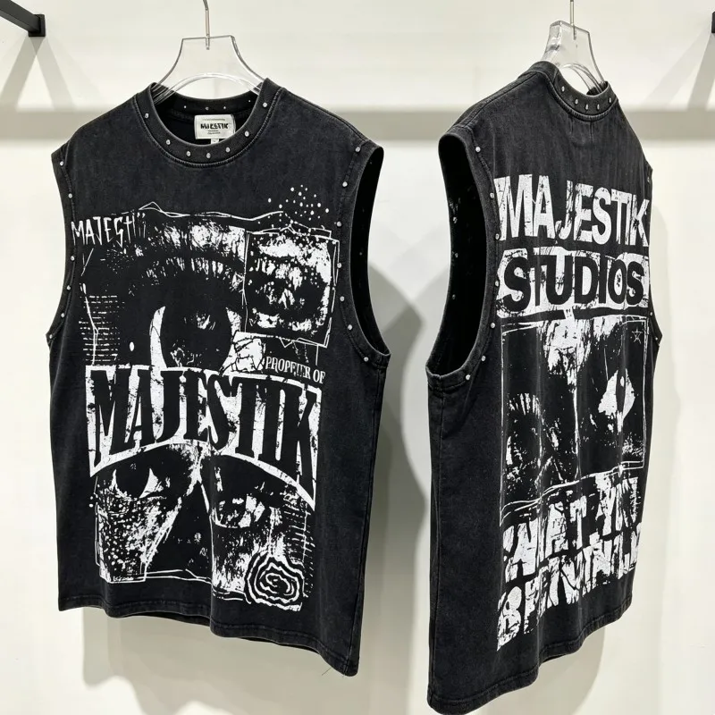 26ss Summer Black Washed Graffiti Retro Fading MAJESTIK Vest Rivet Lock Edge Sleeveless Tshirt Men Women Hiphop Street Tank Tops