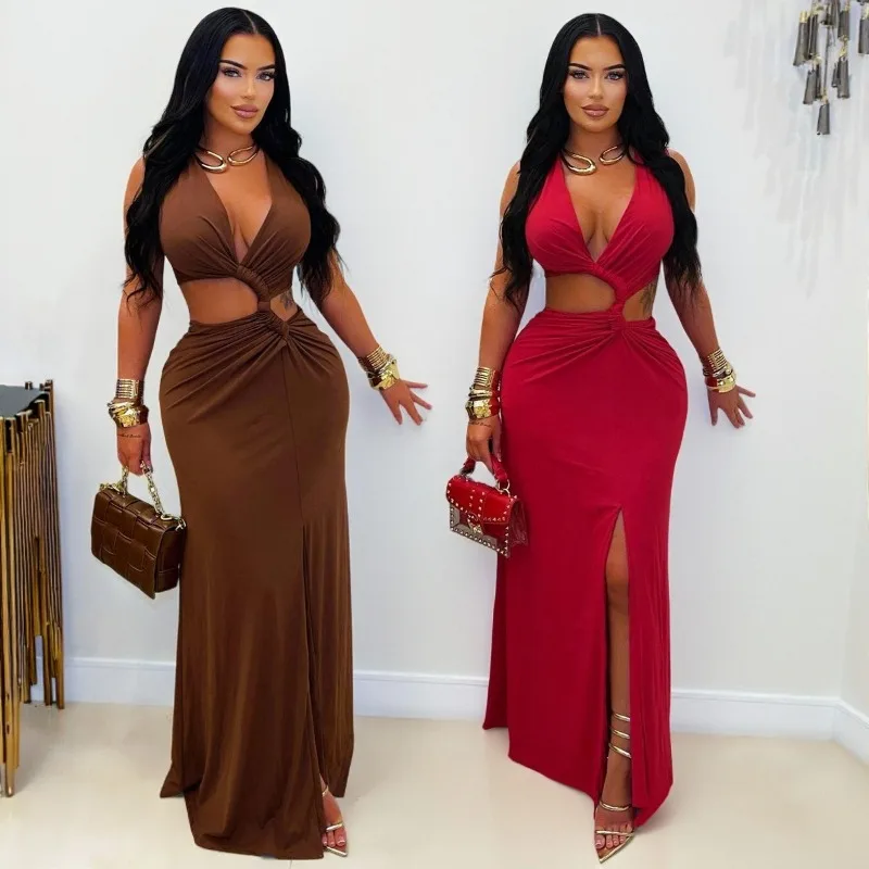 Doyerl Draw String Ruched Evening Dress Women Elegant V-neck Sleeveless Cut Out Night Club Party Prom Bodycon Long Dresses Robe