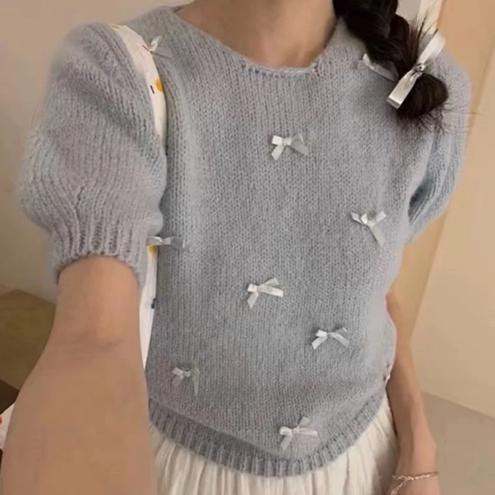 

Базовый повседневный свитер с коротким рукавом, круглым вырезом, микроэластичный, стандартной длины, для любого сезона