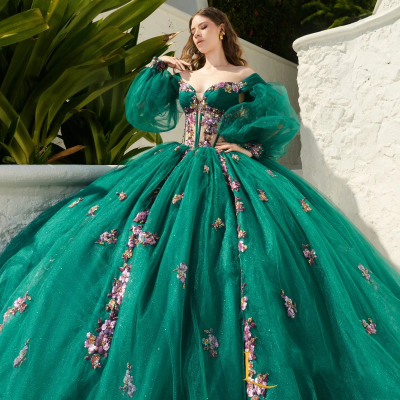 

Green Shiny Princess Quinceanera Dresses Off Shoulder 3D Floral Ball Gown Puff Sleeve Coset vestido 15 quinceañeras dorado Sweet