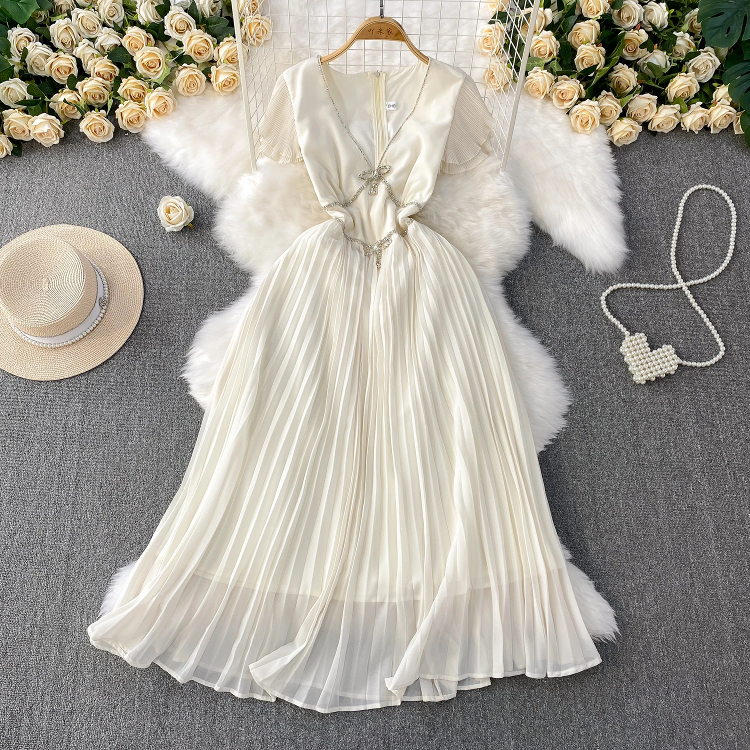 Luxury Crystal Diamonds Bow Beige Formal Occasion Dress Women's Elegant V  Neck Short Sleeve Chiffon Summer Pleated Party Dress - AliExpress