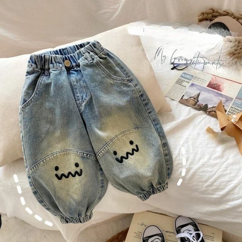 Kids Jeans Spring Autumn Love Embroidery Casual Pants Girls Boys Trousers Children Fashion Denim Bottoms