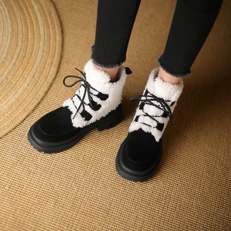 FEDONAS 2025 Winter Warm Women Ankle Boots Wool Decoration Snow Boots Cow Suede Leather Thick Heels Lace-Up Casual Shoes Woman