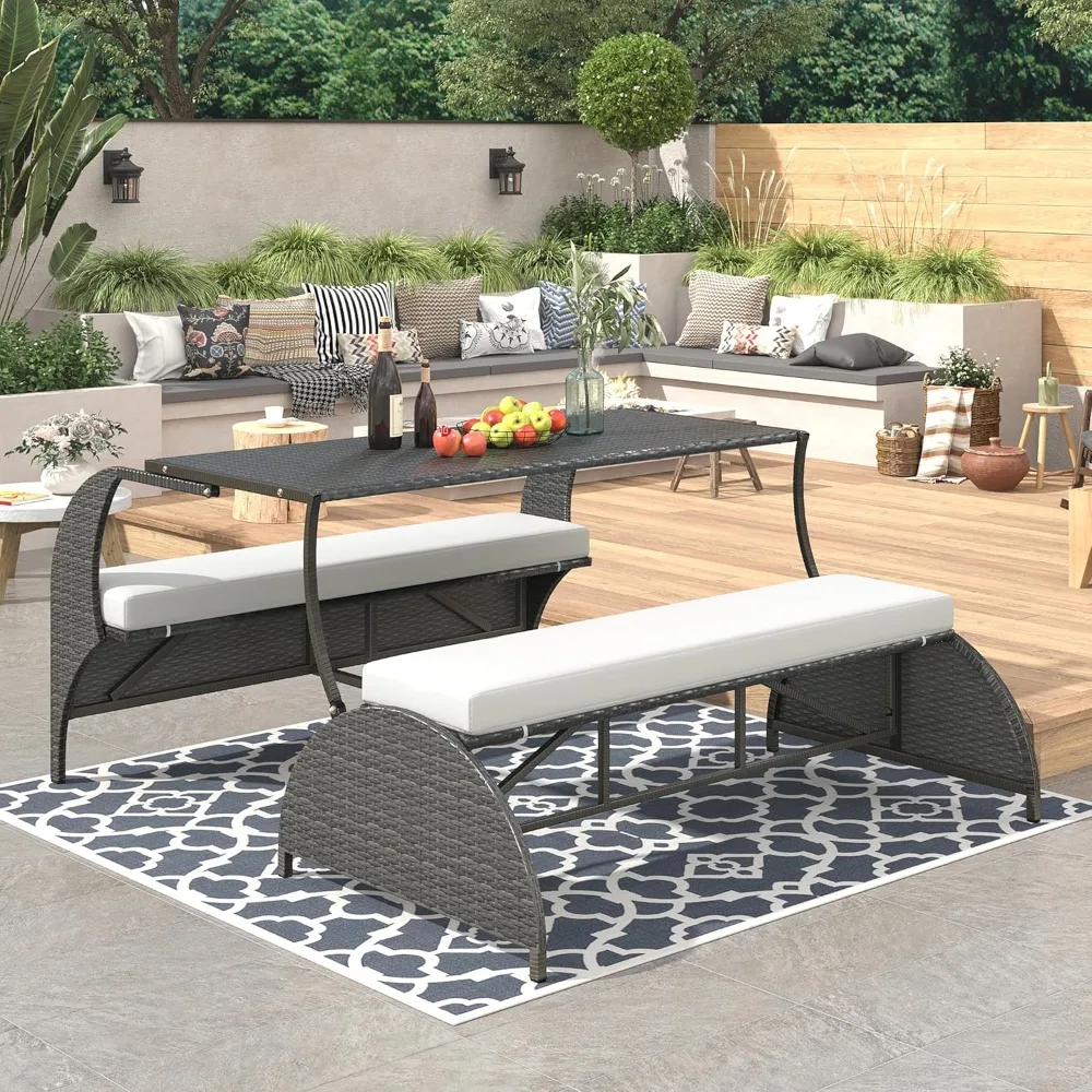 

2-in-1 Convertible Picnic Upholstered Bench Table,57.1" Outdoor Loveseat,Portable Picnic Table Couch,Convertible to 4 Seats&1 Ta