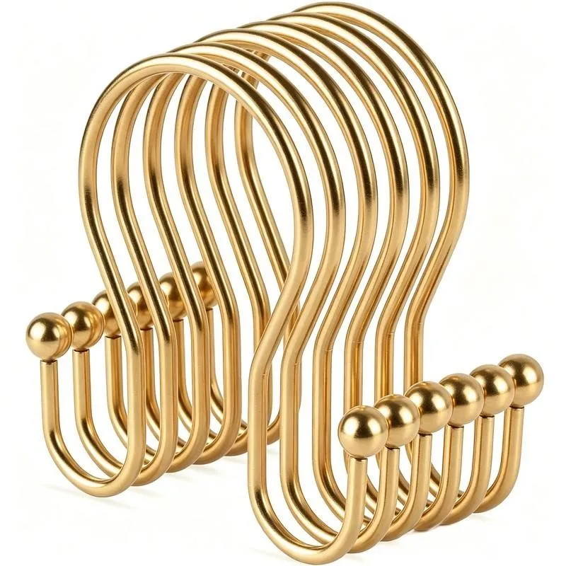 6 pcs Gold Iron Double Ear Shower Curtain Rings, Smooth Sliding, Fits Various Bathroom Shower Rods, Easy to Install