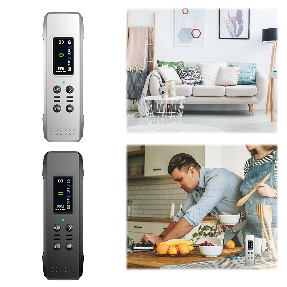 เครื่องตรวจจับคาร์บอนมอนอกไซด์แบบพกพาพร้อมนาฬิกาปลุกดัง Mini Travel CO อุณหภูมิ/เครื่องตรวจจับความชื้น W/ เชือกเส้นเล็กสําหรับในร่มและ RV Travel