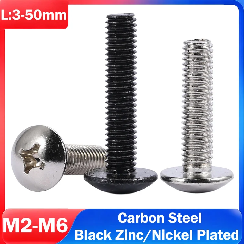 M2 M2.5 M3 M4 M5 M6 Carbon Steel Black Zinc/Nickel Plated Phillips Truss Head Screws Big Large round Mushroom Head Bolt TM Screw