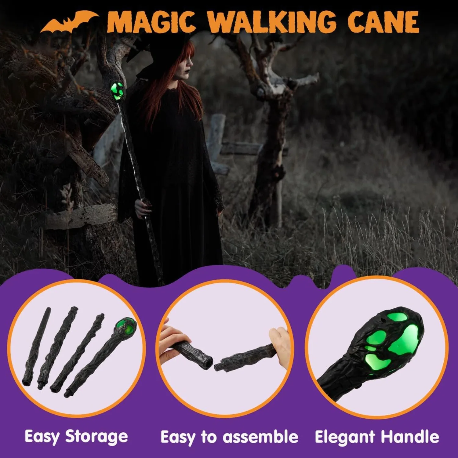 Halloween LED Witch Staff Vintage Cane Light Up Magic Walking Cane Prop Stick Accessory for Halloween Party Dress Up Costume